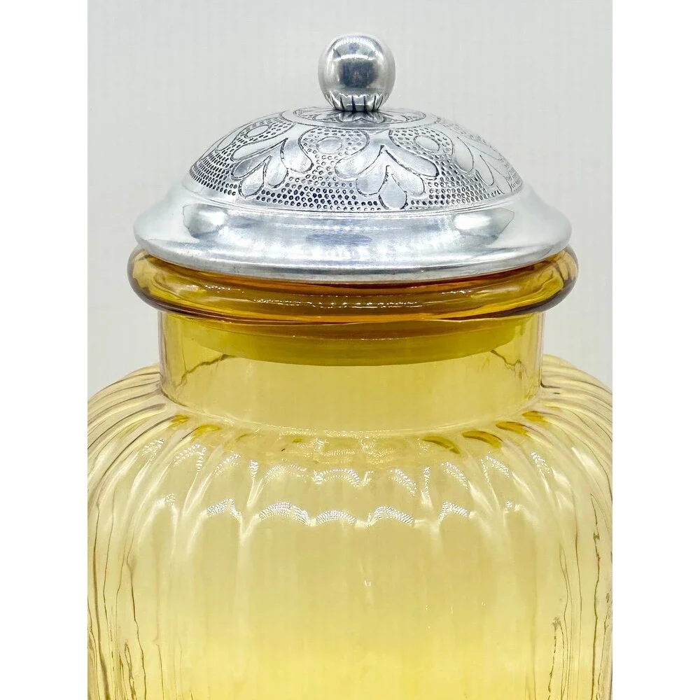 Vintage Amber Artland Apothecary ribbed glass Canister Jar Silver Lid